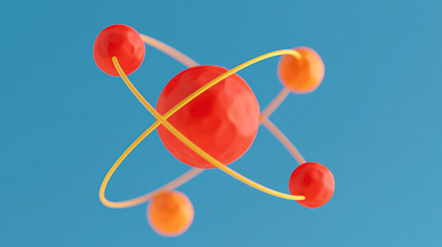 Colorful atom illustration with red protons, orange neutrons, and yellow electrons.