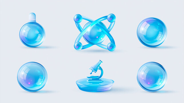 Set of blue glass elements, including spheres and scientific imagery.