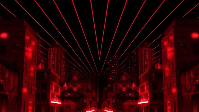 Dramatic futuristic city skyline featuring towering skyscrapers beneath a massive array of red laser light beams. Dark urban architecture, glowing windows, digital scanlines