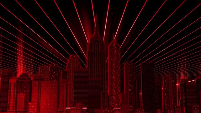 Futuristic urban street surrounded by dark city buildings, illuminated by intense red laser beams forming a rhythmic spectrum pattern across the night sky. Cyberpunk atmosphere 