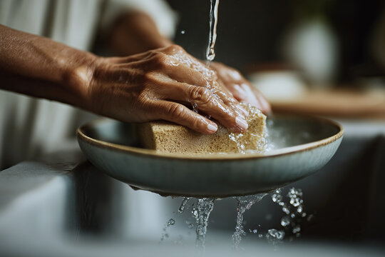 Person washing a household sponge with water over a ceramic bowl in a kitchen sink