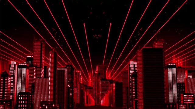 Dark futuristic city street framed by illuminated buildings and intense red laser beams radiating toward the center of the urban skyline. Strong symmetrical perspective, digital scanlines,