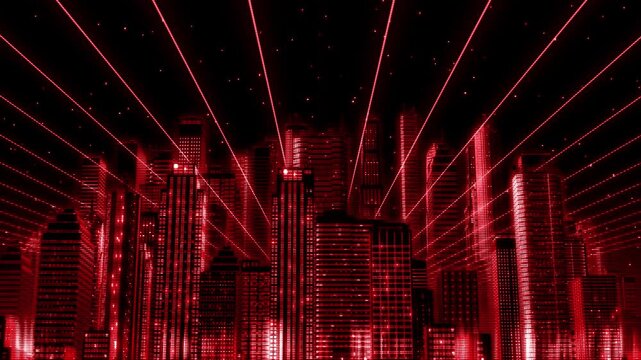 Futuristic metropolitan skyline illuminated by a vast network of red laser beams stretching across the dark sky. High-rise buildings, glowing windows, digital scanlines, and geometric light patterns