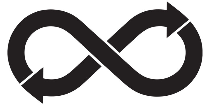 Black infinity loop symbol formed by two connected arrows on a plain black background, flat cycle de