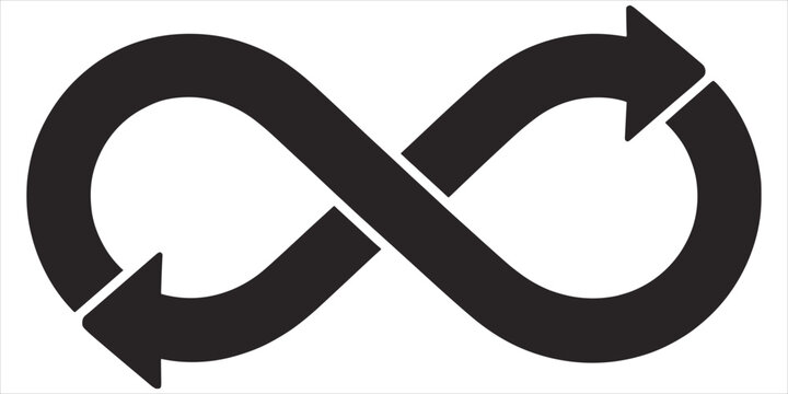 Black infinity loop symbol formed by two connected arrows on a plain white background, flat cycle de