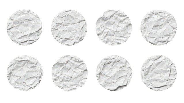 Set of eight round crumpled paper ball textures with gray shadows and rough edges