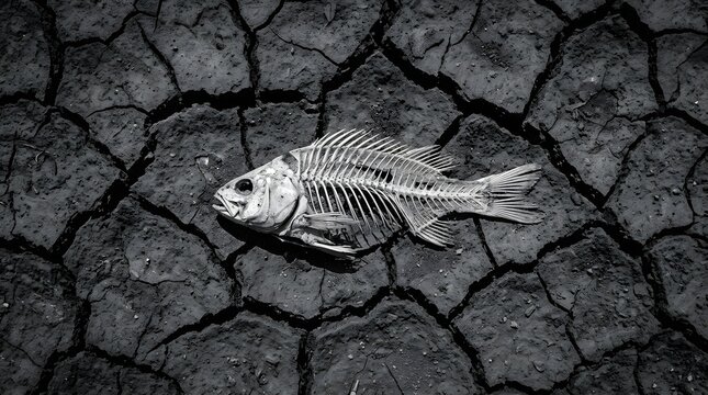 Fish skeleton on dry cracked earth