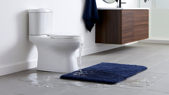 Modern white toilet overflowing with water onto a grey tiled bathroom floor and soaking a blue mat in a domestic interior setting indoors