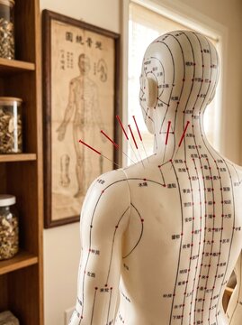 Acupuncture model with needles on the shoulder in a clinic