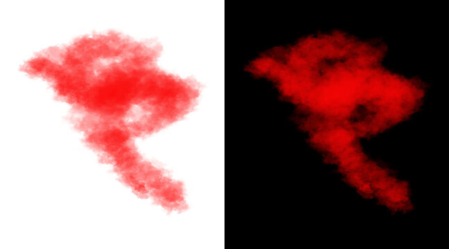 Red smoke cloud illustration on black and white backgrounds, vibrant crimson steam effect, abstract fire powder explosion for design overlays