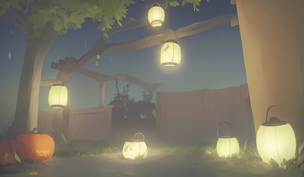 Enchanted Halloween Garden with Glowing Lanterns and Pumpkins at Night