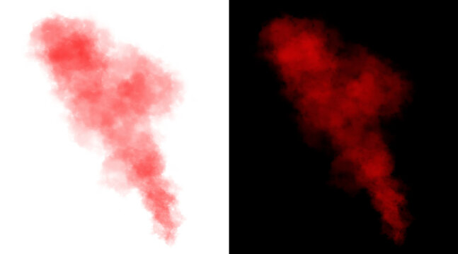 Red smoke cloud illustration on white and black backgrounds. Vibrant crimson mist texture, atmospheric scarlet vapor effect for graphic design.