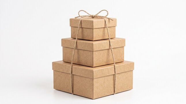 Three stacked square kraft paper gift boxes tied together with rustic brown twine with Three square cardboard boxes varying sizes stacked top each other secured twine celebration