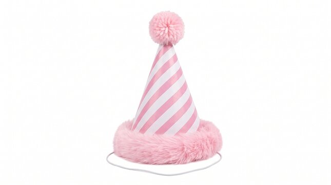 A pink and white striped party hat with a fluffy pompom with white diagonal stripes decorative cone party pompom top plush plush fur brim hat