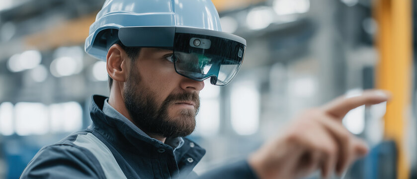 Male industrial engineer wearing safety hardhat and augmented reality glasses points finger toward virtual interface inside modern factory.