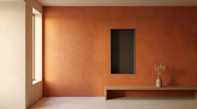 Autumn-inspired interior with a warm terracotta wall, recessed architectural niche, minimal furniture, and soft natural light for seasonal design concepts.