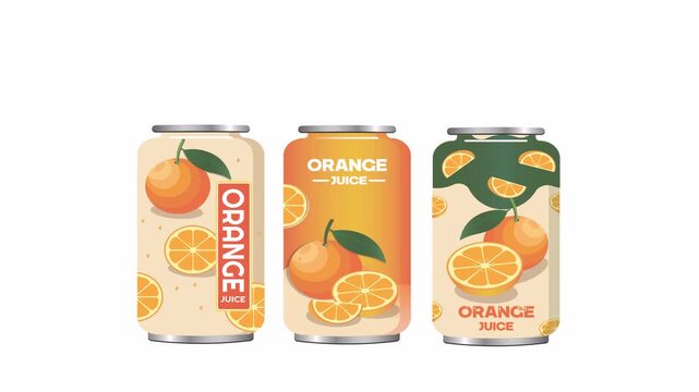 Three artistic aluminum cans with vibrant orange fruit illustrations, perfect for juice packaging design and food and beverage branding projects.