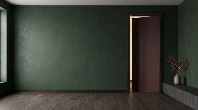 Gothic mansion hallway with a deep green wall, dark doorway, warm architectural lighting, and minimal decor for atmospheric interior design.