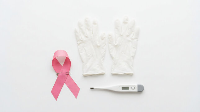 Pink ribbon for breast cancer awareness symbol next to white latex medical gloves and clinical thermometer on bright white tabletop for health screening and oncology prevention concept.