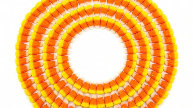 Concentric circles of orange yellow and white candy corn arranged on a plain white background with arranged symmetrically clean multiple concentric confectionery arrangement