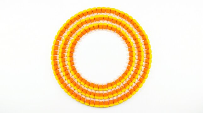 Three concentric circular rings made of colorful triangular candy pieces on a plain white background with arranging multiple triangular pieces symmetrical pattern concentric circles formed