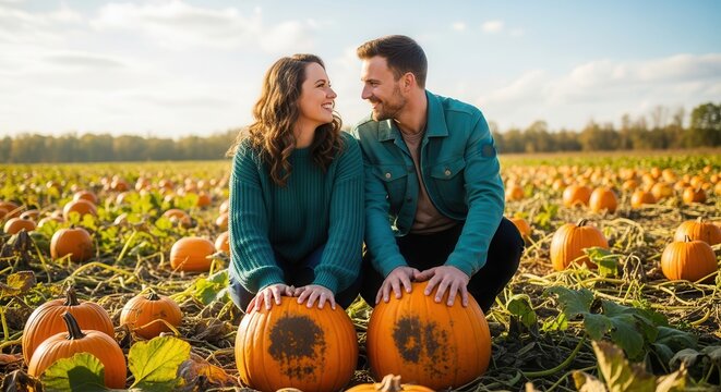 Happy couple looking at each other in a pumpkin patch. Autumn harvest celebration.
