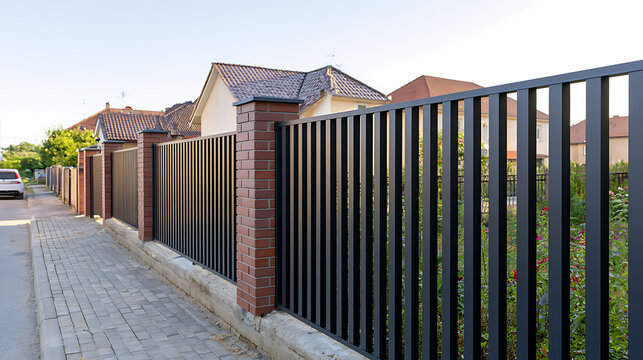 Modern metal picket fence with brick pillars along sidewalk street urban residential neighborhood architecture property boundary exterior view