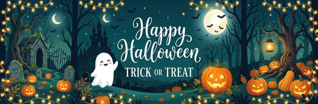 Festive spooky illustration with text &ldquo;Happy Halloween&rdquo; and &ldquo;TRICK OR TREAT&rdquo;. Halloween banner, greeting card, invitation.