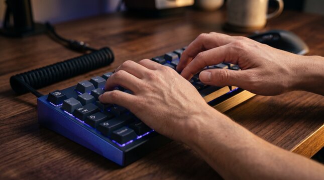 human hands typing on a mechanical keyboard close up view