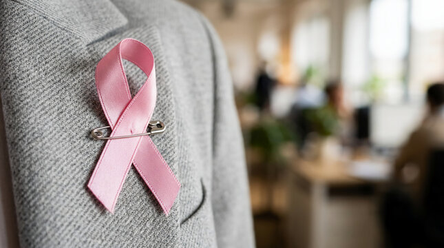 Close-up of a pink ribbon pinned to a gray blazer lapel for breast cancer awareness in a bright blurred office, representing hope, corporate support, and medical care in a photo style.