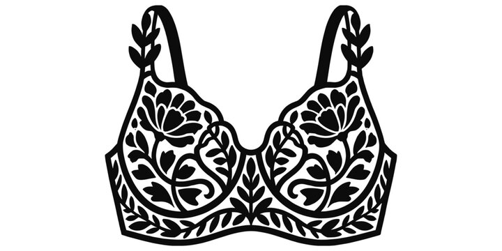 A black floral lace bra silhouette with intricate leaf and flower patterns on a white background des