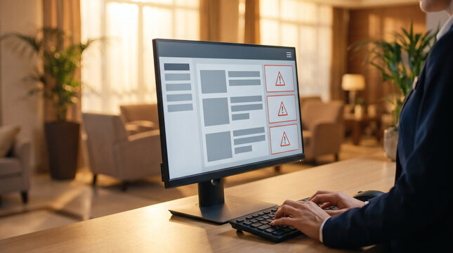Hotel front desk staff facing database software crash and online booking system failure with red warning alert on computer monitor screen