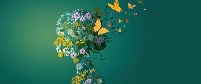 A woman's silhouette profile blooming with flowers and butterflies represents mental wellness, personal growth, emotional healing.