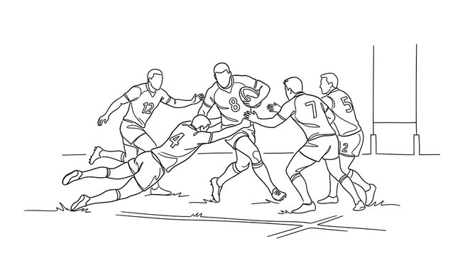 Rugby players tackling and competing for the ball during a match line art illustration with competition athletes tackling monochrome