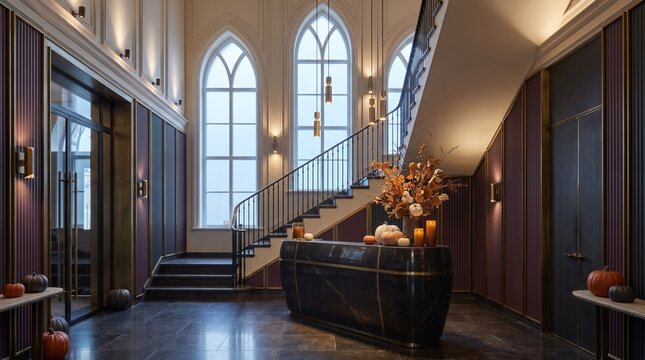 Luxury Gothic hotel lobby with tall arched windows, a grand staircase, dark wood finishes, and Halloween-inspired decor for hospitality design concepts.