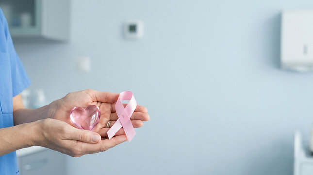 Hands of healthcare worker holding pink ribbon and glass heart for breast cancer awareness in clinical medical setting, promoting oncology support, hope and preventative screening health.