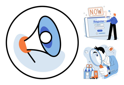 Megaphone icon, user registration form, and person using magnifying glass vector illustration. Advertising, digital marketing, account creation, consumer research, business strategy, promotion