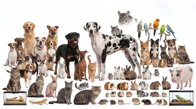 Group portrait of many pets: dogs, cats, rabbits, rodents, birds, lizard, and pig gathered together in a studio-style lineup, with two small framed animal photos at bottom