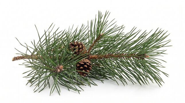 A green pine branch with two small brown cones isolated against a plain white background with long green needles single pine tree decoration coniferous evergreen botanical