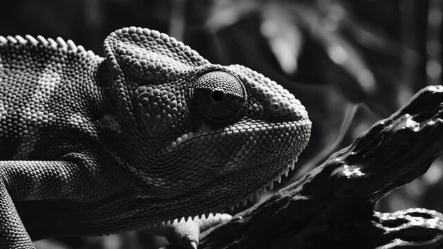 Black and white close-up of a veiled chameleon, an exotic reptile resting on a tree branch, observing surroundings