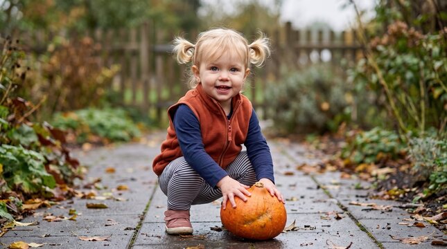 Smiling toddler with blond pigtails squatting on a wet garden path, hands on an orange Halloween pumpkin, Thanksgiving mood.