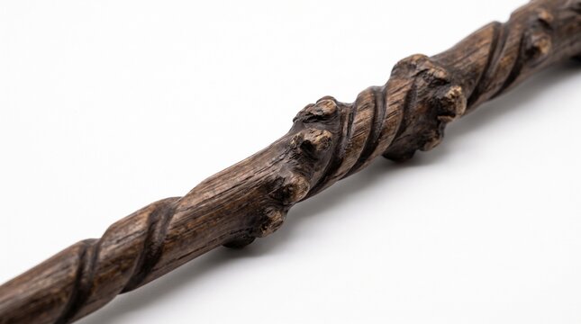 A detailed close up of a dark brown carved wooden magic wand on white background with carved design textured textured knots against wand spiral handcrafted workmanship with decoration