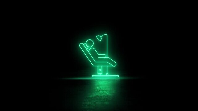 Neon glowing dental chair icon video animation. Neon lighting Dentist chair icon with man animation. Dental chair animation.