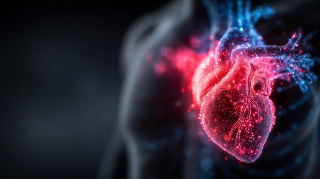 This is a cyberpunk-style 3D medical rendering. A luminous heart composed of red and blue particles floats in the semi-transparent human silhouette, with blood vessels presented as fluorescent lines. 