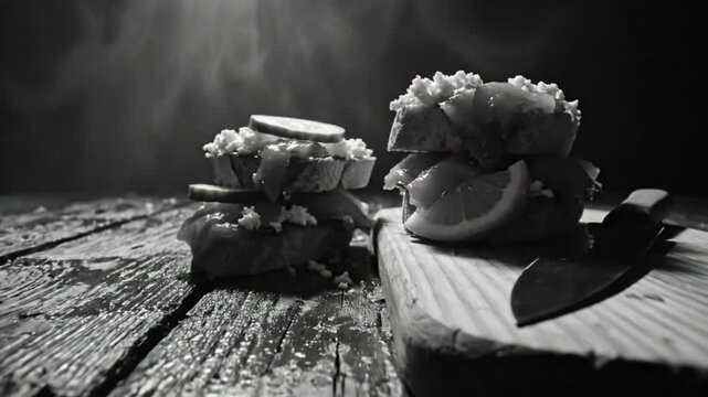 Black and white still life of gourmet appetizer sandwiches with lemon and cucumber on rustic wooden table with moody atmosphere