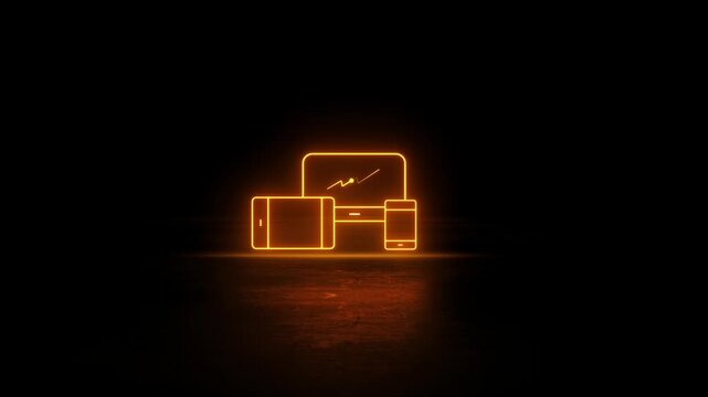 Neon glowing with reflect Computer Monitor Laptop Tablet and Smartphone icon video animation. Neon lighting Smart phone, tablet and laptop video motion. Neon Laptop and Mobile animation.