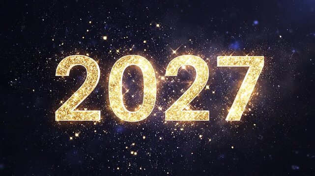 2026 to 2027 new year countdown transition with golden glitter particle explosion and metallic typography reveal