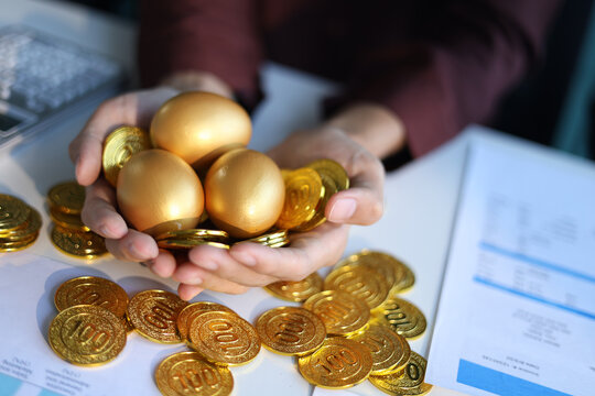 Gold coins and golden eggs in businessman&rsquo;s hands. Concept for financial growth and investment.