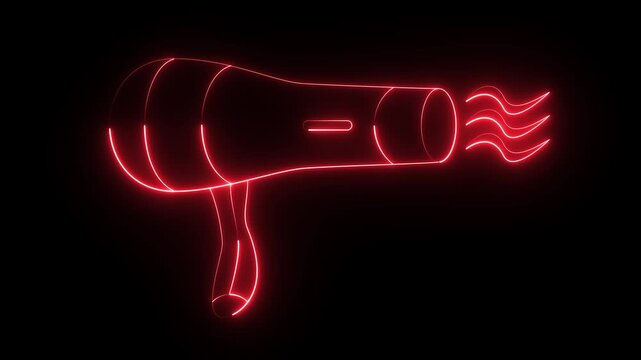 A glowing red neon-style hair dryer icon on a dark background.