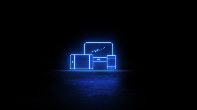 Neon glowing with reflect Computer Monitor Laptop Tablet and Smartphone icon video animation. Neon lighting Smart phone, tablet and laptop video motion. Neon Laptop and Mobile animation.